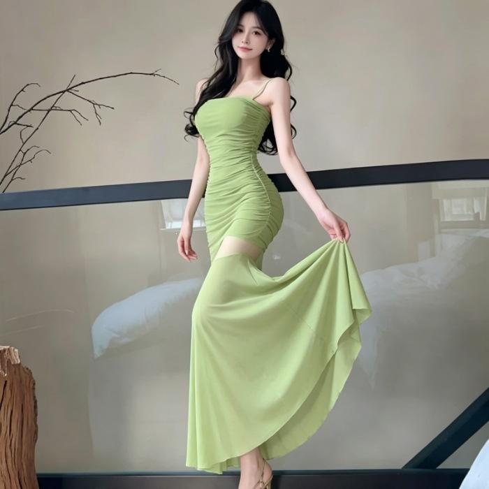 French Wind Mesh Stitching Irregular Fishtail Suspender Skirt Summer Temperament Waist Slim Pleated Hip Wrap Dress