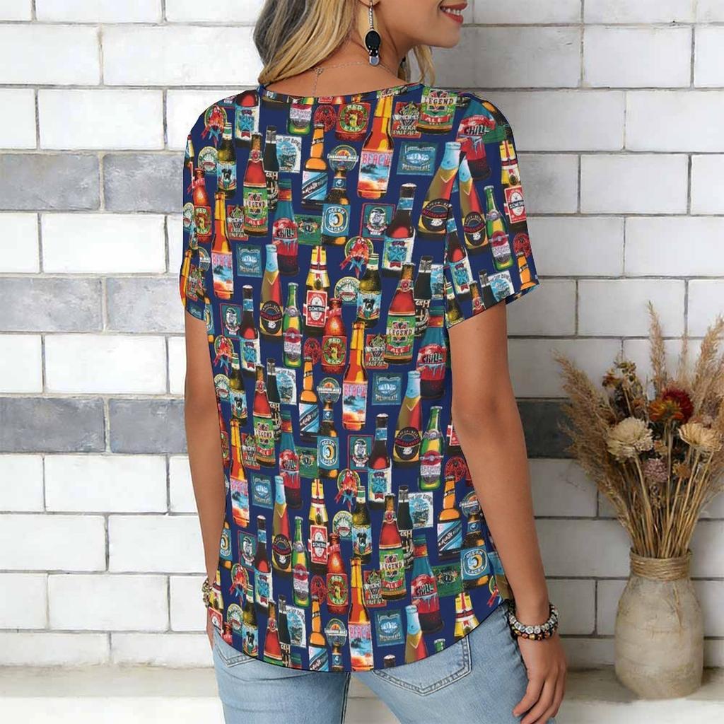 Women Blue Ocean Coconut Palm Beach Print Short Sleeve V Neck Blouse