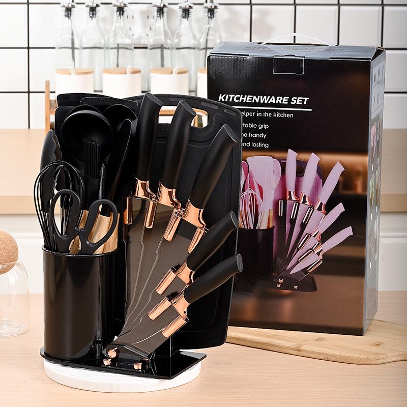 

19-Piece Silicone Knife Set with Cutting Board, Spatula, Ladle, and Acrylic Block.