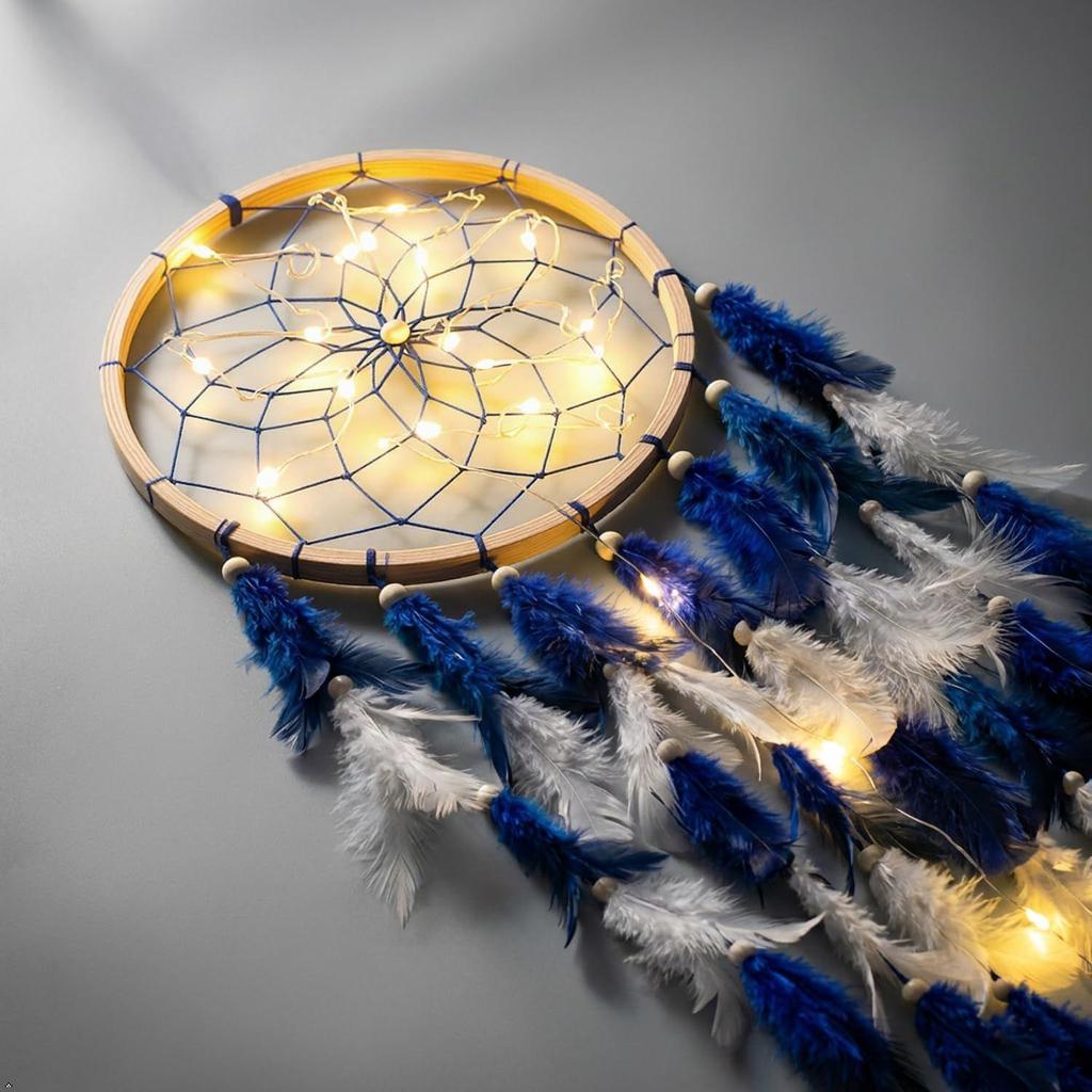 Cattura Sogni in Legno Artigianale con Luce LED - Grande 7 pollici, Appeso a Parete Stile Boho Rustico, Decorazione Camera da Letto Soggiorno, Blu