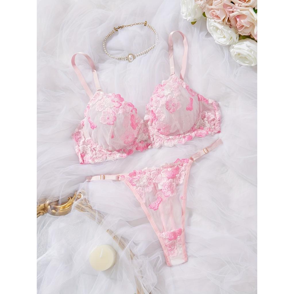 Floral Lace Lingerie Set, Push Up Bra & Thong, Women's Sexy Lingerie & Underwear