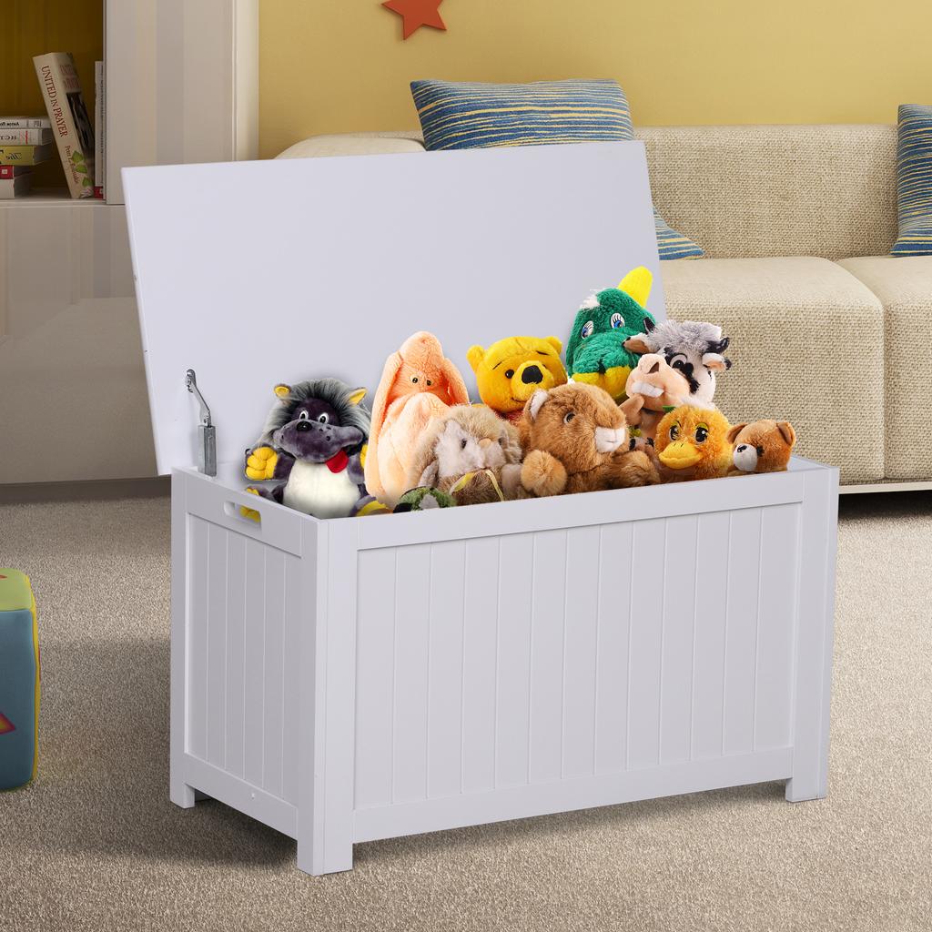 Lift Top Storage Chest Toy Box Organizer with Lid and Safety Hinges for Bedroom Entryway Living Room - White