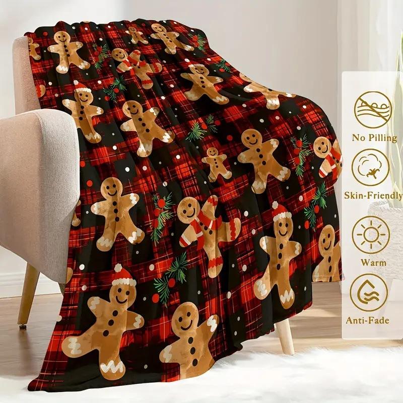 Christmas Gingerbread Man Digital-printed Polyester Bedroom Velvet Flannel Cover Blanket Fleece Soft Cover Blankets for Beds