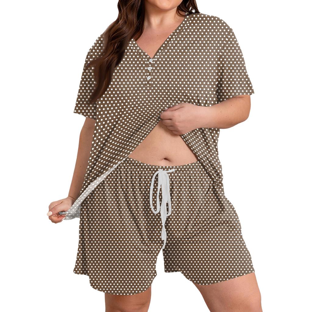 Women's Plus Size Short Sleeve Round Neck Printed 2-Piece Outfit Set - Casual Loose Fit Summer Shorts