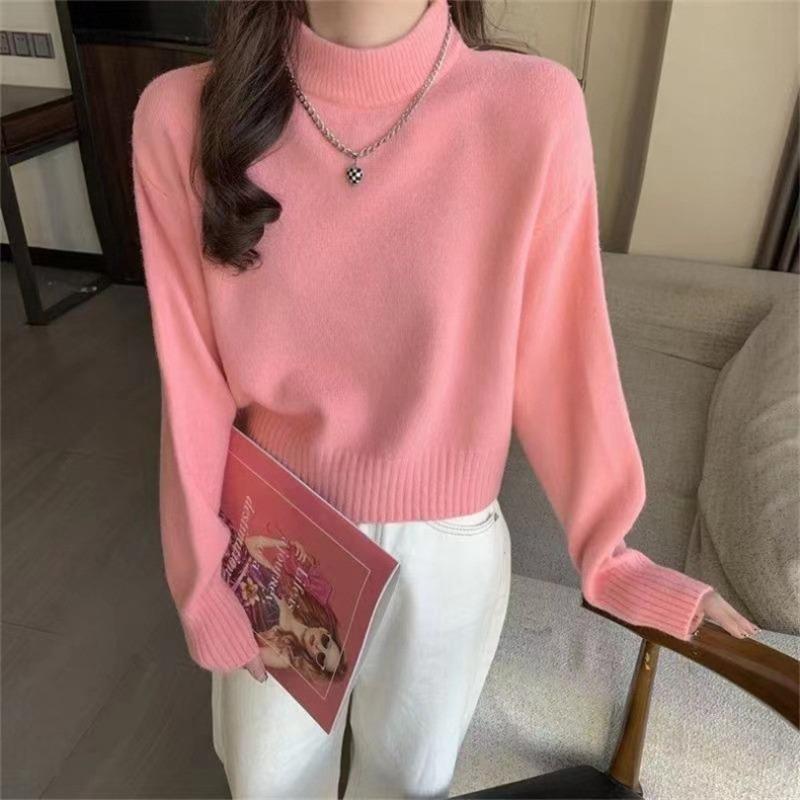 Autumn and winter new simple and versatile solid color semi-turtleneck pullover women's short fashion bottoming knitted sweater tide