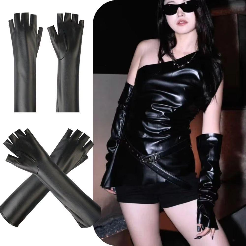 Fleece Lined Fingerless Gloves Black PU Leather Gloves Cool Half Finger Mittens  Dance