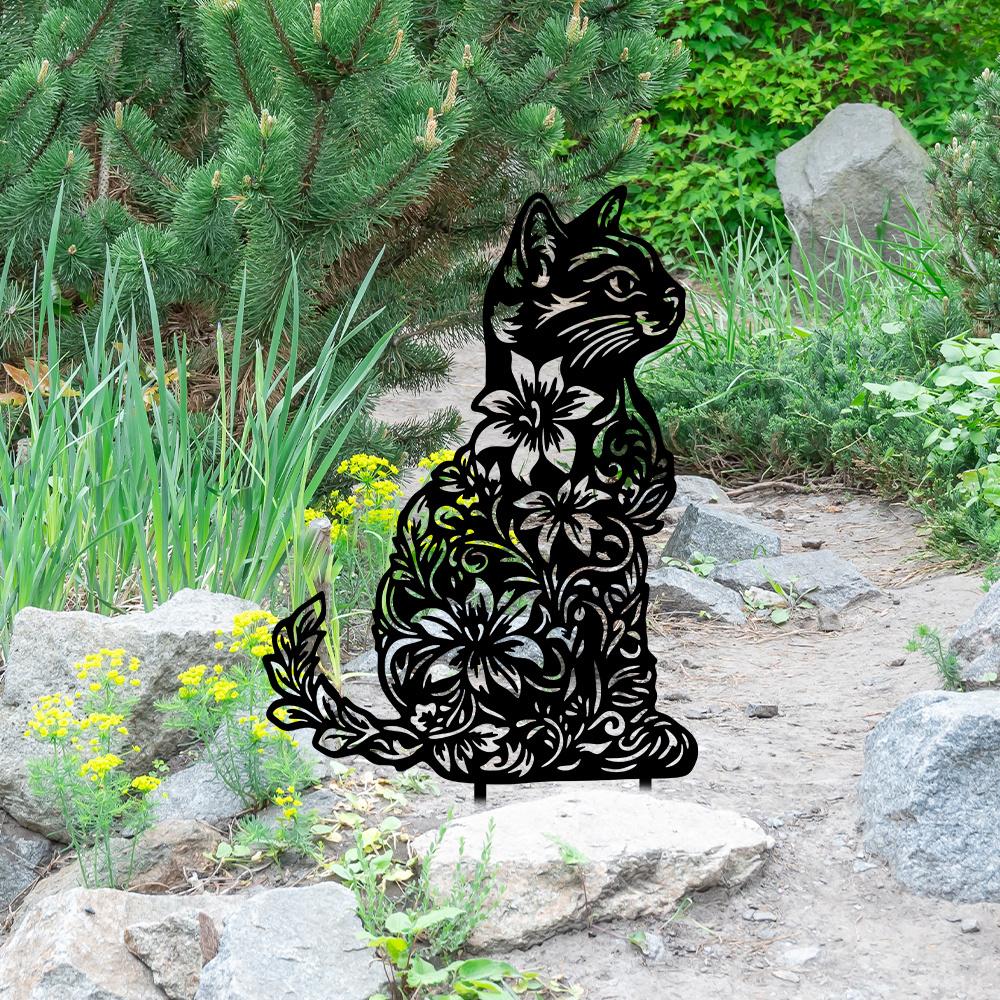 2D Iron Garden Art Metal Flower Cat Stake Outdoor Patio Lawn Decor Christmas Gift for Cat Lovers