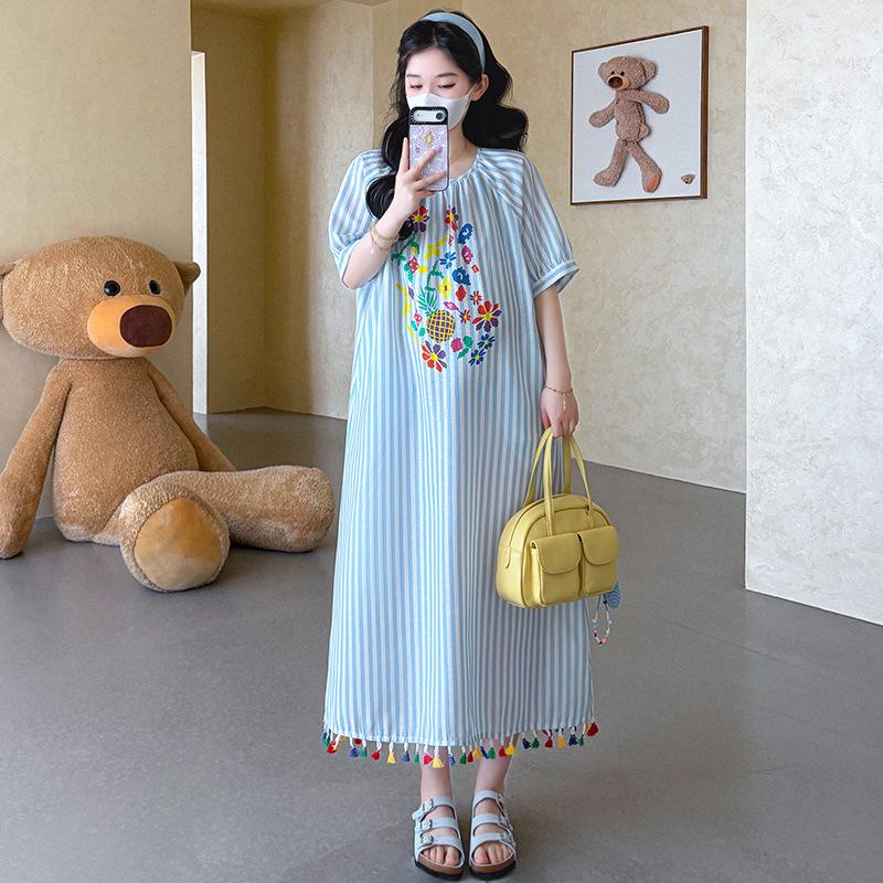 2026 Summer Blue Striped Maternity Dress with Colorful Tassels L