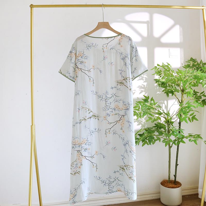 2026 Summer New Women's Sleeping Skirt Chinese Bamboo Fiber Short Sleeve Skirt Large Chinese Style Home Furnishing Skirt