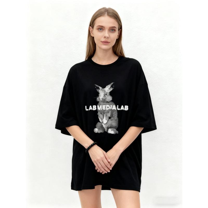 Oversized T-Shirt Black Rabbit Print With Lab Media Lab Text Casual Streetwear For Women