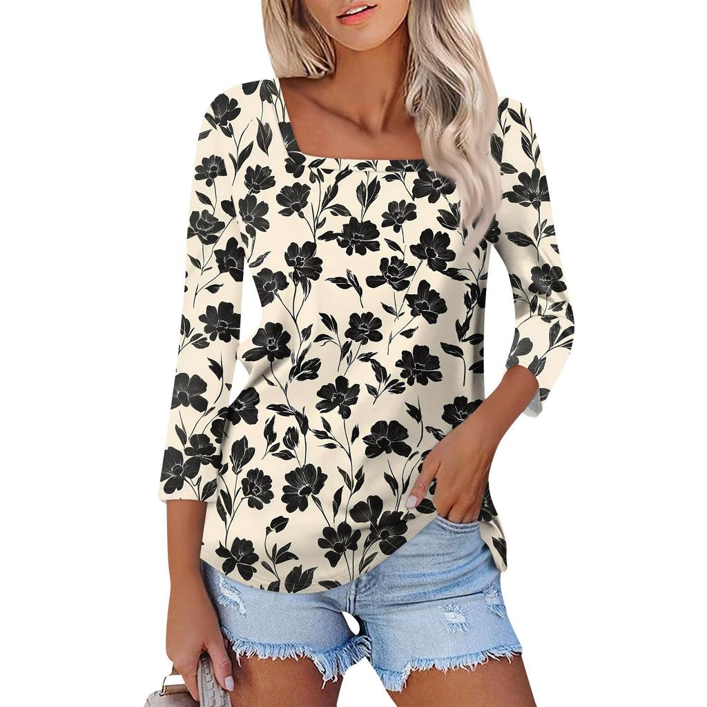 Shirt For Women's Fashion Casual Square Neck 3/4 Sleeve Loose Printed T-Shirt Ladies Top