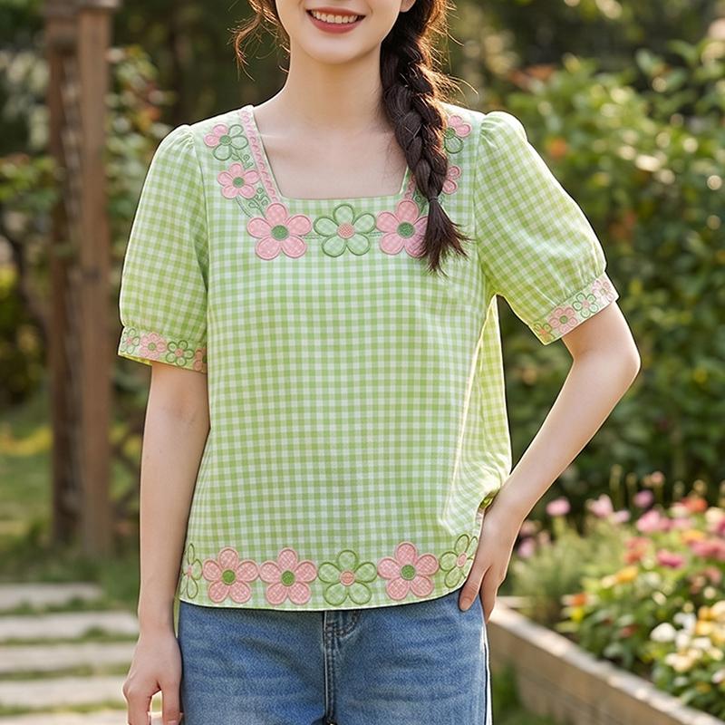ZANZEA Women Casual Square Collar Loose Summer Short Sleeve Plaid Print Blouse