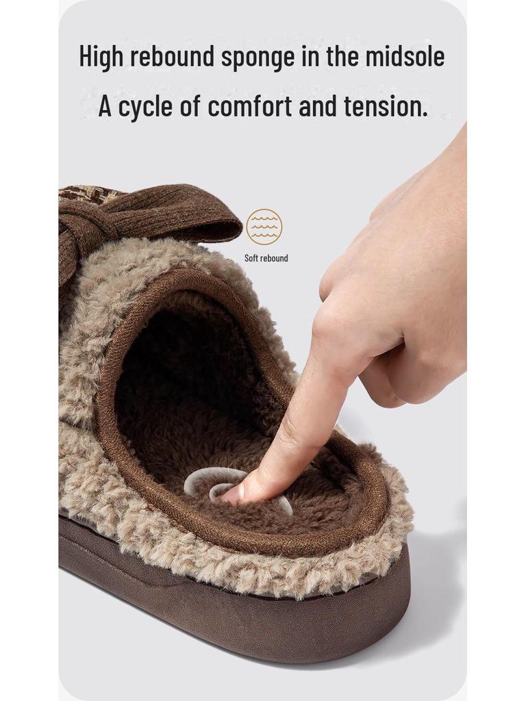 Bomullstofflor med rosett för kvinnor, tjock sula, varma sandaler för inomhus-/utomhusbruk, höst/vinter 2024