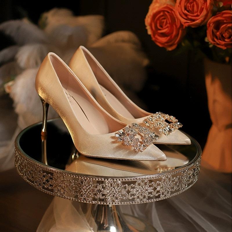 High Heels Women's White Wedding Dress Show Clothes Wedding Shoes Women's Spring New Thin Heels Pointed Temperament Single Shoes