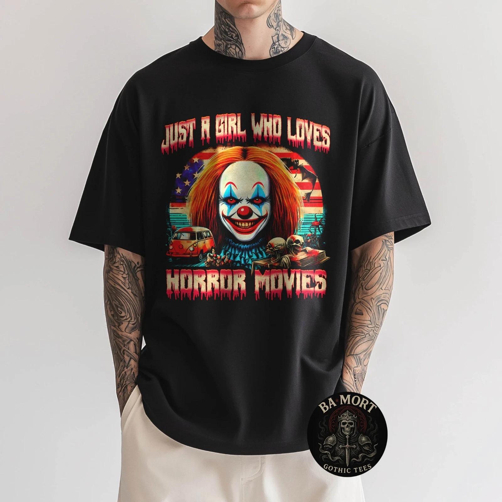 Vintage Just Girl Who Loves Horror Movies Clown Halloween 100% Cotton T-shirt Mens Tees Top S