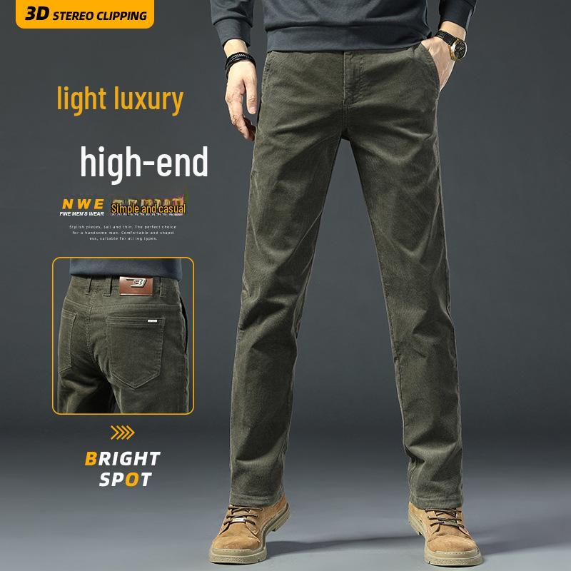 Pantaloni casual de catifea verde militar de înaltă calitate pentru bărbați - Croială dreaptă, largă pentru toamnă/primăvară