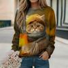 Spring and Autumn Round Neck Cute Cat Pattern 3D Printed Top Fashionable Casual Long Sleeved Women's T-shirts