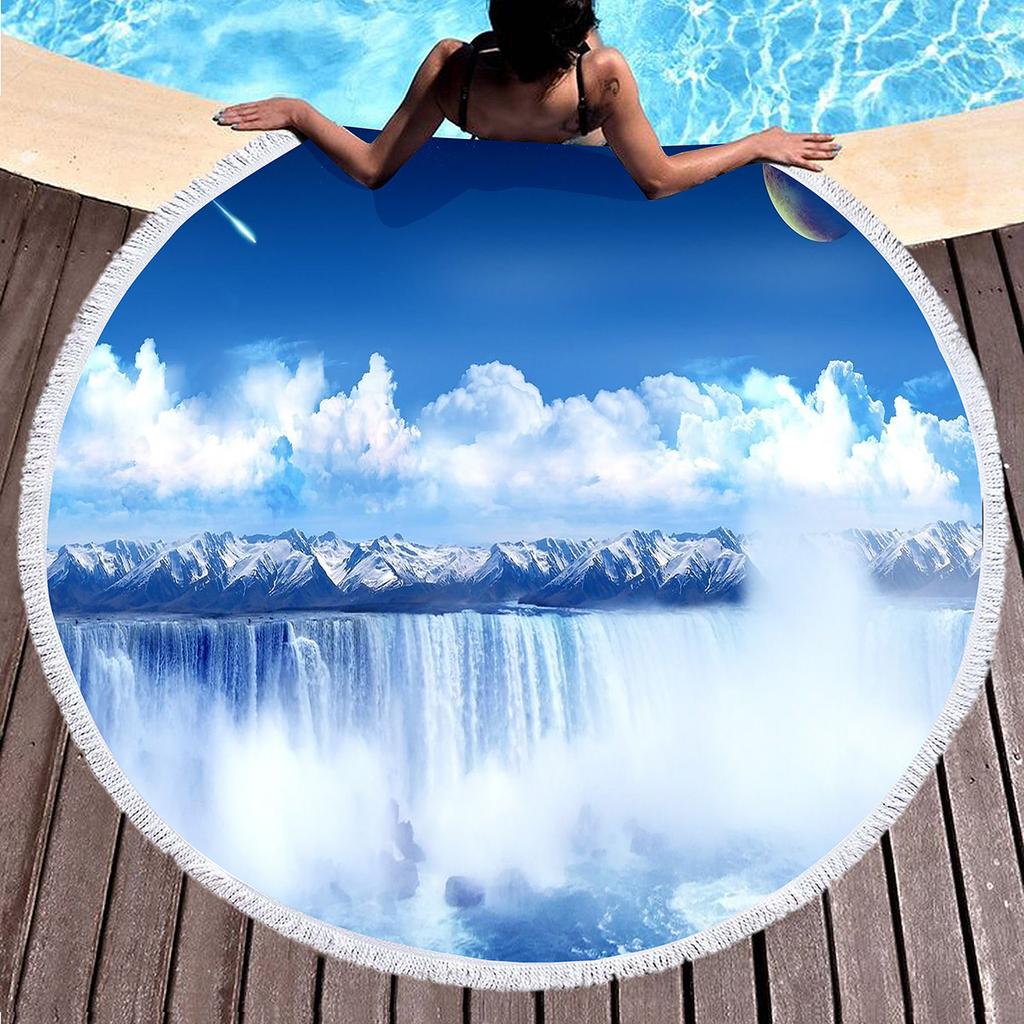 Natural Scenery Waterfall Print Round Beach Towel,Microfiber Comfortable Beach Blanket,Absorbent Quick Dry Pool Towel Picnic Mat
