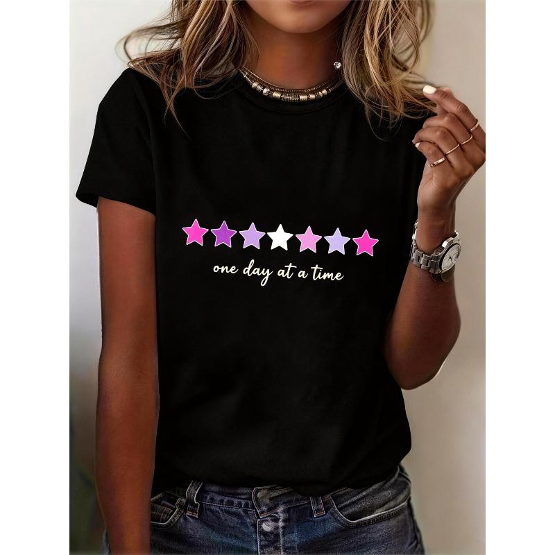 

Women s Summer Tops Casual Short Sleeve T Shirt Colorful Star Graphic with Inspirational Quote One Day At A Time 2XL чёрный