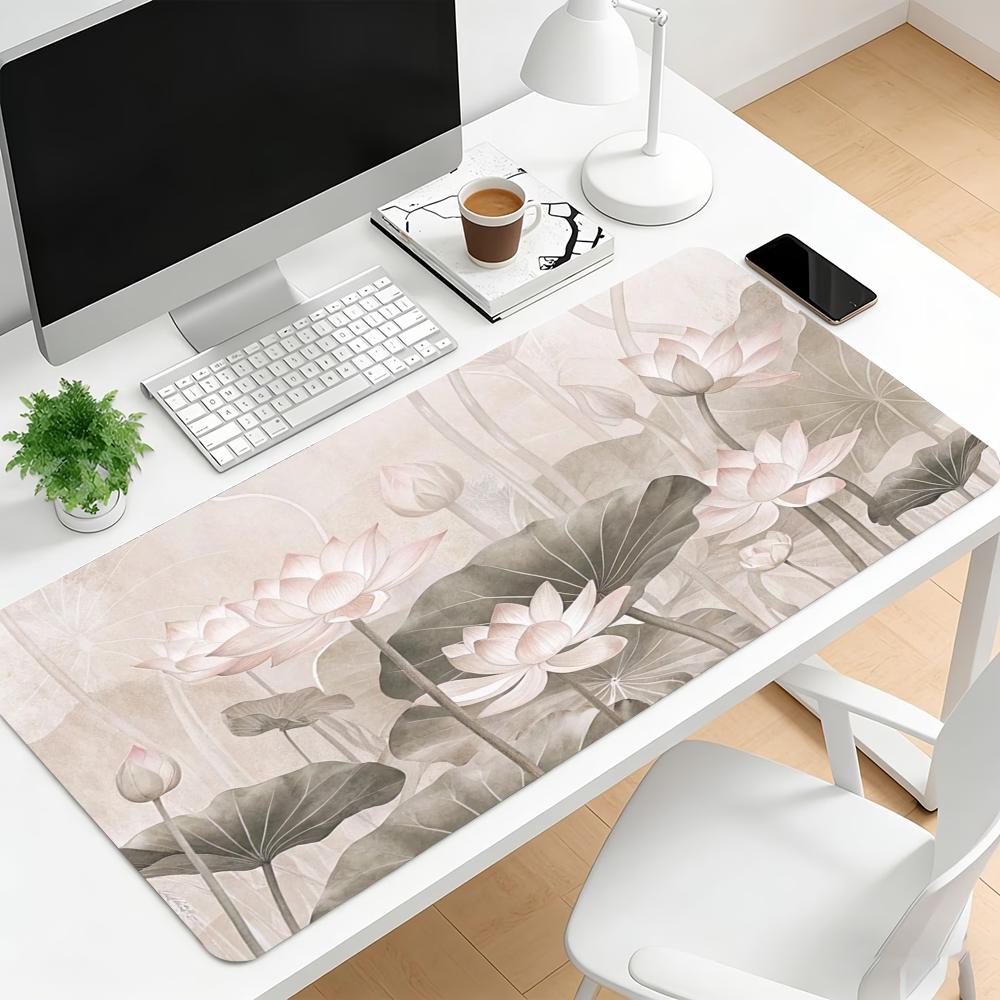 Vintage Tinte Lotus Groß Erweitert Gaming-Mauspad Rutschfeste Schreibtischunterlage Florale Kunst Tastatur-Mauspad Für Laptop Desktop Bürodekoration