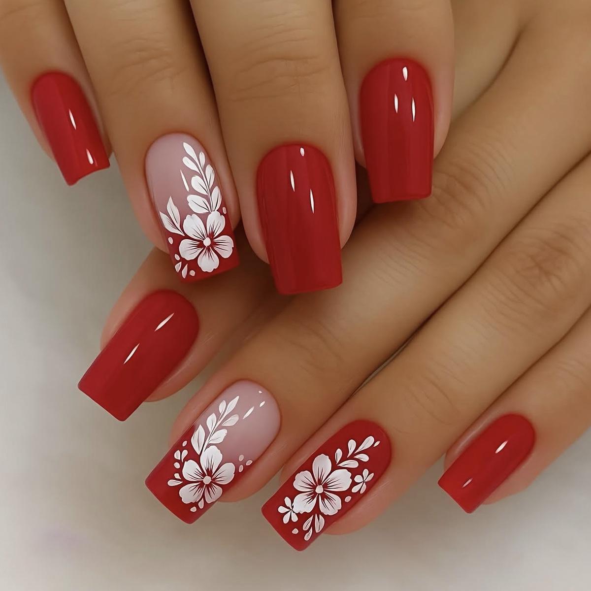 Wearable Square Red French White Flower Nail Stickers - Removable False Nails