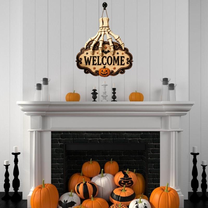 Halloween Entryway Welcome Plaque, Resin Skeleton Hand Hanging Sign with Bat and Pumpkin Accent for Door Decor