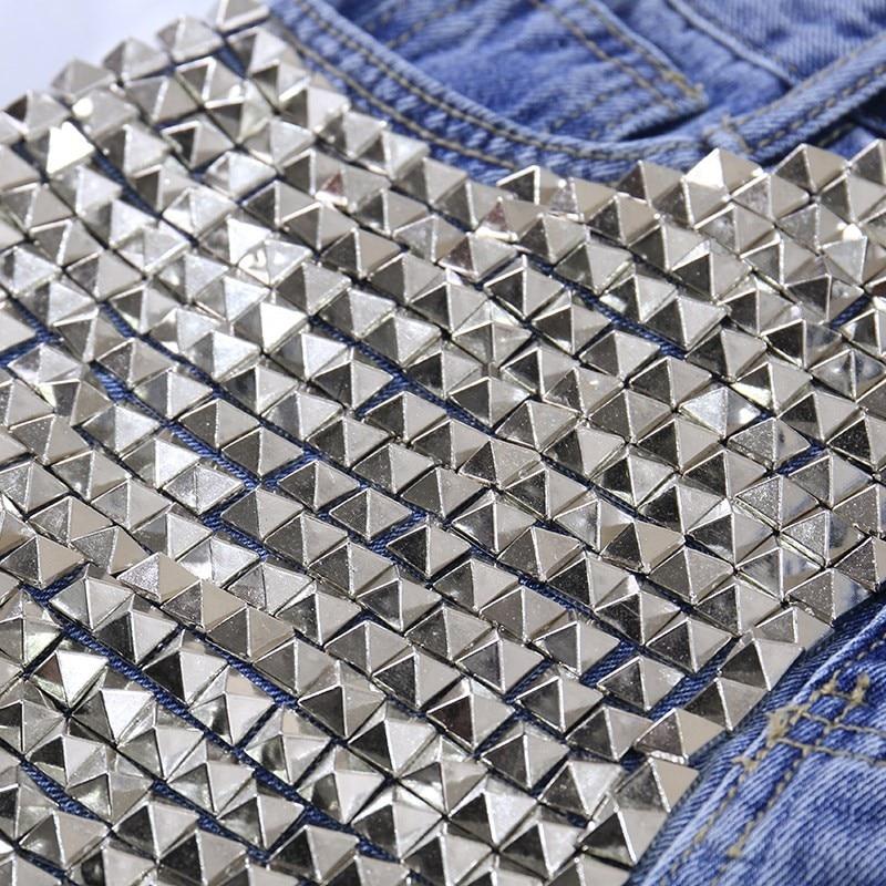 Brand de modă pentru femei, vintage, cu nituri, blugi cu talie înaltă, punk, pantaloni scurți din denim