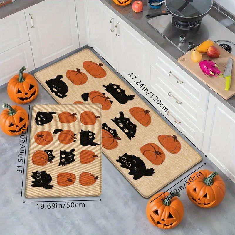 Halloween Black Cat Pumpkin Kitchen Rug Non‑Slip Absorbent Floor Mat For Home Kitchen Entrance Decor