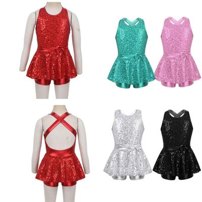 GIrls Kids Sequined Waist Bowknot Decor Ballet Jazz Modern Dress Dance Wear Performance Costume Leotard Tutu Skirt