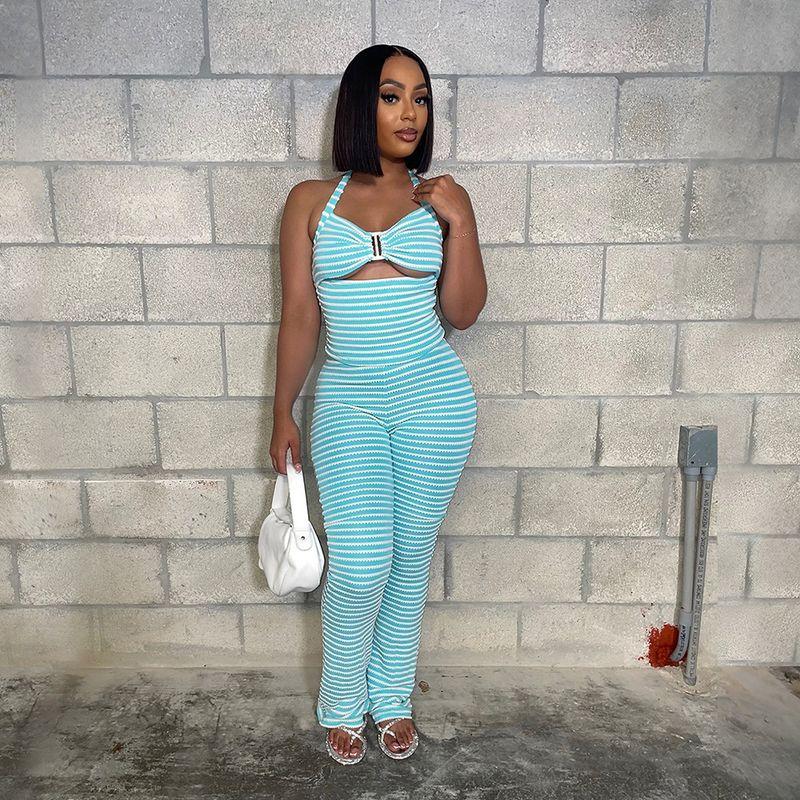 

Cy901870 Fashion Knotted Short Sexy Top Match Slim Fit Pencil Pants Two-piece Set Jacquard Stripes Light Blue S