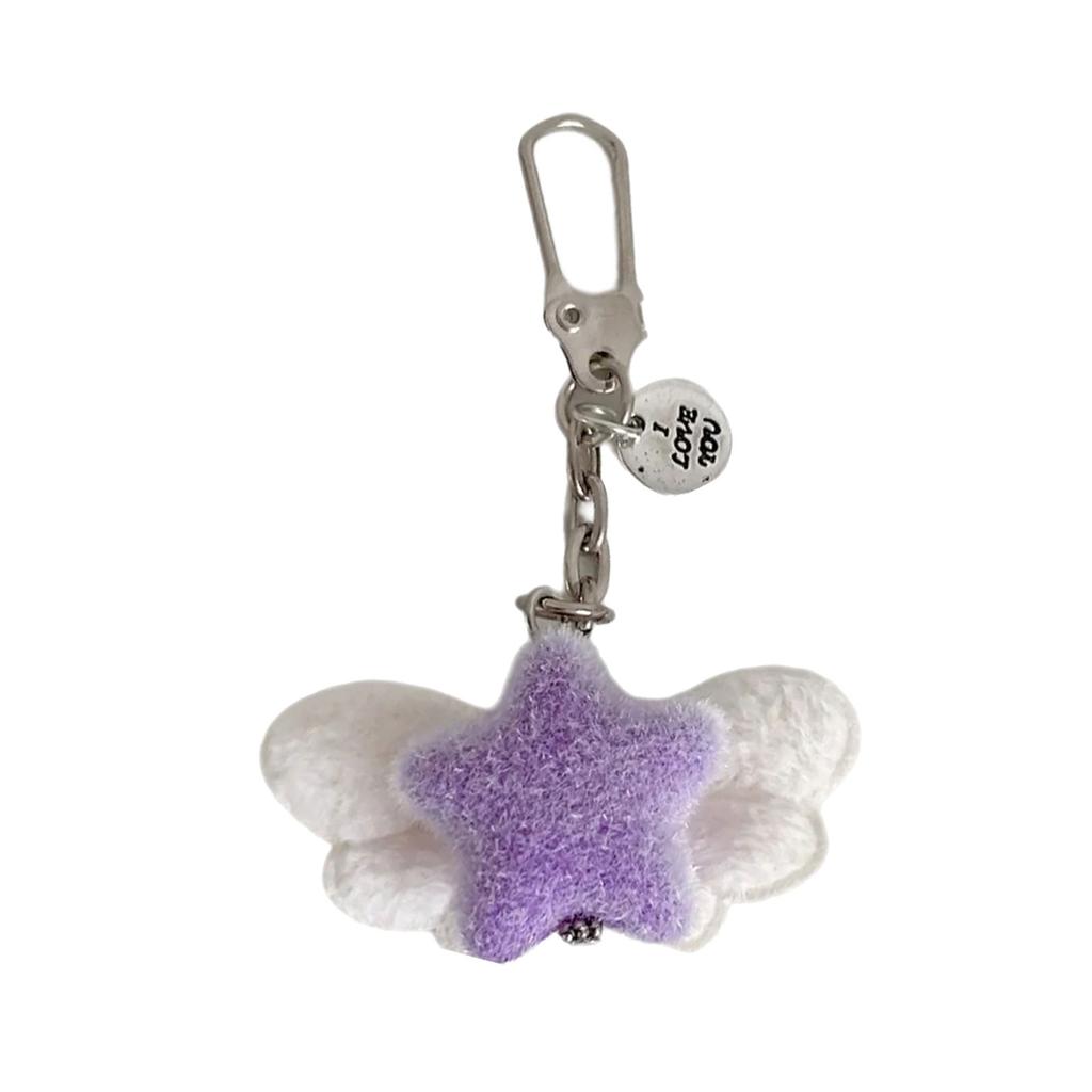 Fuzzy Flocking Star Keychain with Angel Wing Pendant Soft Stylish Fashionable Accessory For Phone Keys Bag Gift