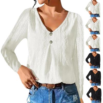 Blusa Feminina Manga Comprida Casual Moda Botão Decote V Vazada Elegante Sexy Outono
