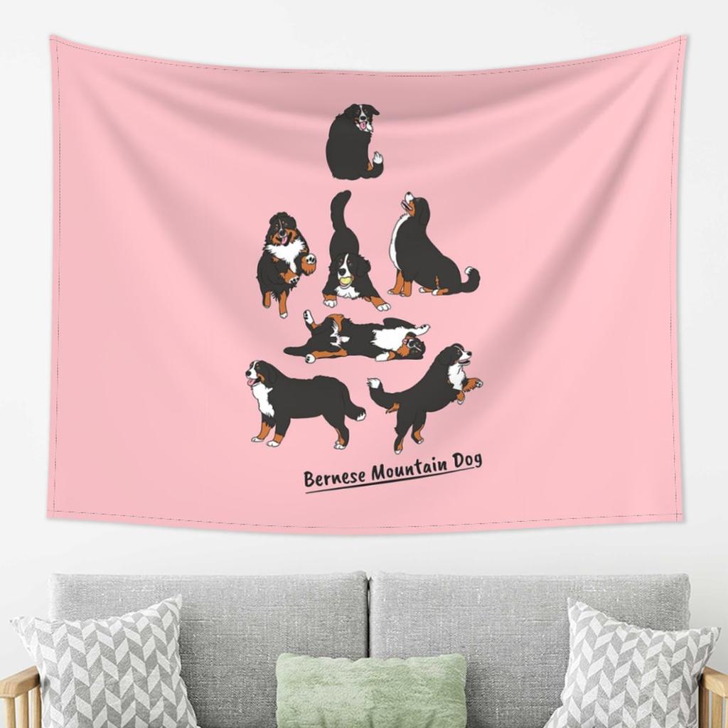 Playing Bernese Mountain Dog  Pink Background Tapestry Decoration Art Aesthetic Tapestries Home Wall Cloth Wall Hanging