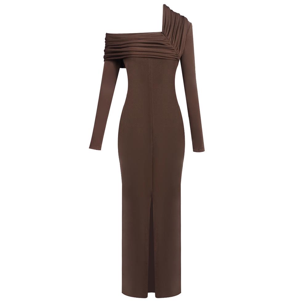 

Elegant Deep Brown Pleated One-Shoulder High Slit Evening Gown - Spring 2026 Collection Large глубокий/коричневый