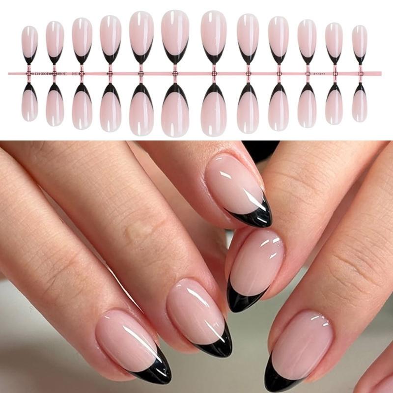 24 Pcs Short Almond Acrylic Nail Simple Full Cover Stick On Nail French Tip Press On Nail Simple False Nail
