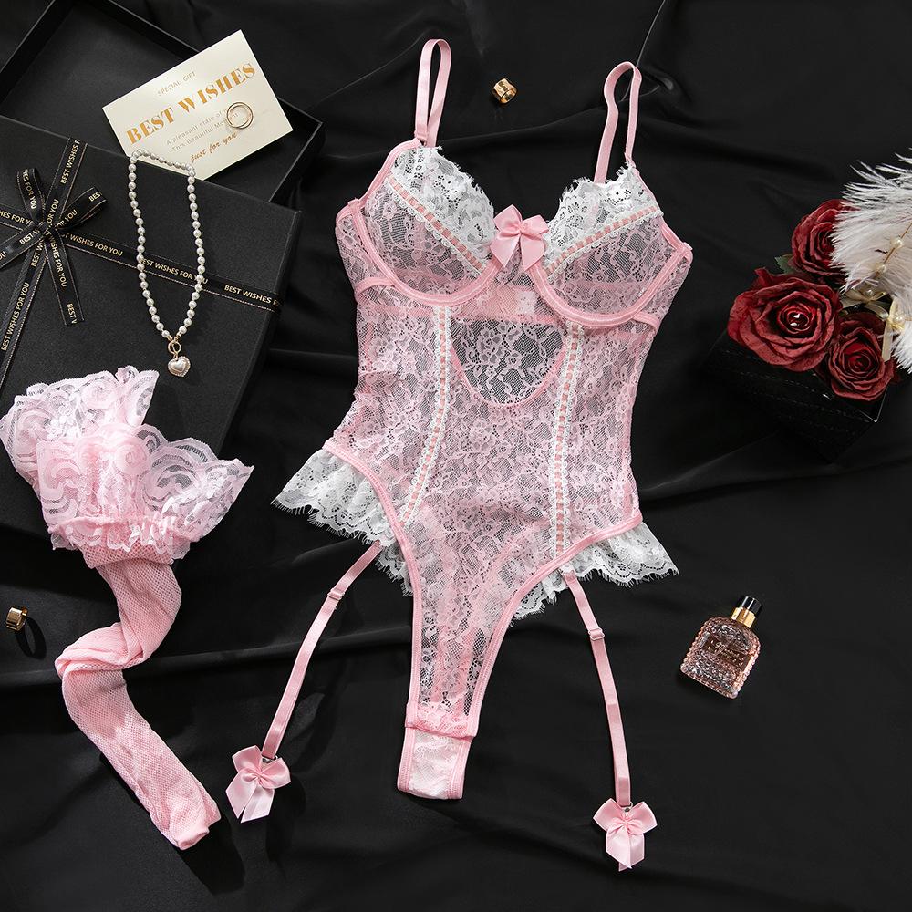 Europäischer und Amerikanischer Damen Colorblock Rosa Patchwork Body, Sexy Spitze Besatz Dehnbar Slim-Fit Dessous mit Strumpfhalter und Strümpfen