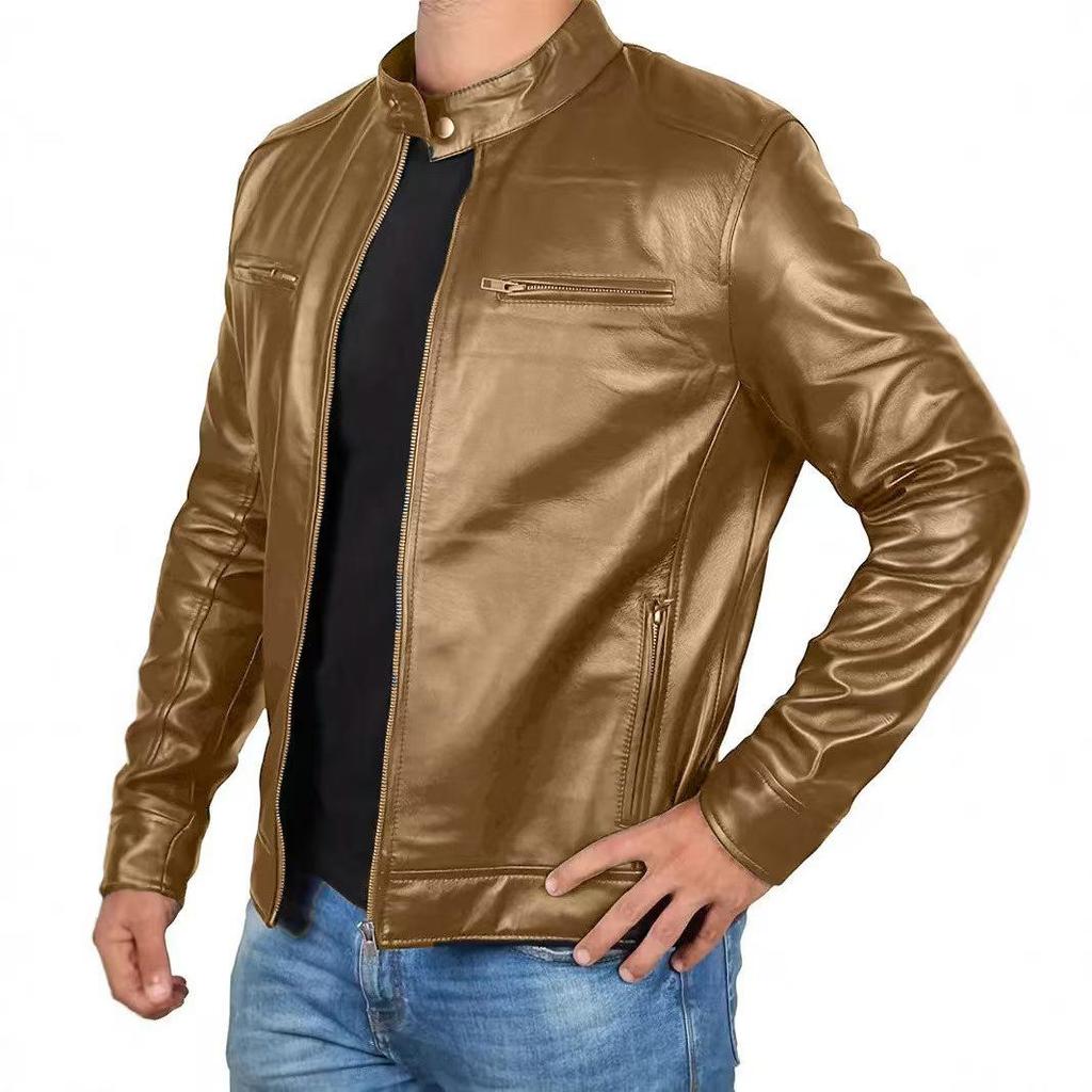 Herren Retro Slim Fit Stehkragen Motorradjacke mit Mehreren Taschen für Frühling/Sommer