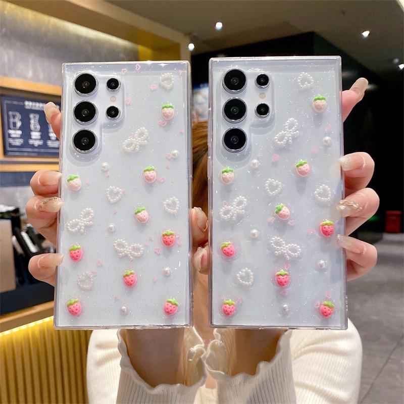 Glue Strawberry Bow for Samsung S25ultra Phone Case for S24FE Love A16 Transparent A56 Simple