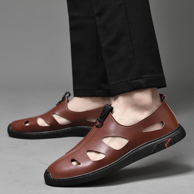 FashionBrand Cow Leather Retro Sandals Men's Summer Shoes Leisure Beach Shoes Male Genuine Leather Slippers Brown Dress Loafers Men
