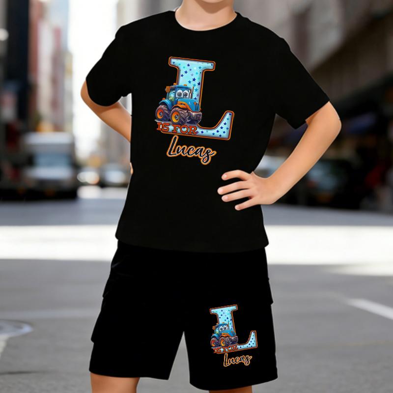 

Boys 2 Piece Construction Vehicle Themed Printed Outfit, Short Sleeve T-Shirt and Shorts Set for Kids Age 5-14,Black Sporty Casual Summer Clothes 5-6 Years чёрный