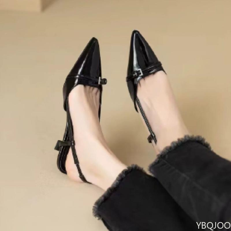 Spring summer temperament pointed patent leather toe cap sandals for women's new retro versatile slim heel empty sandals