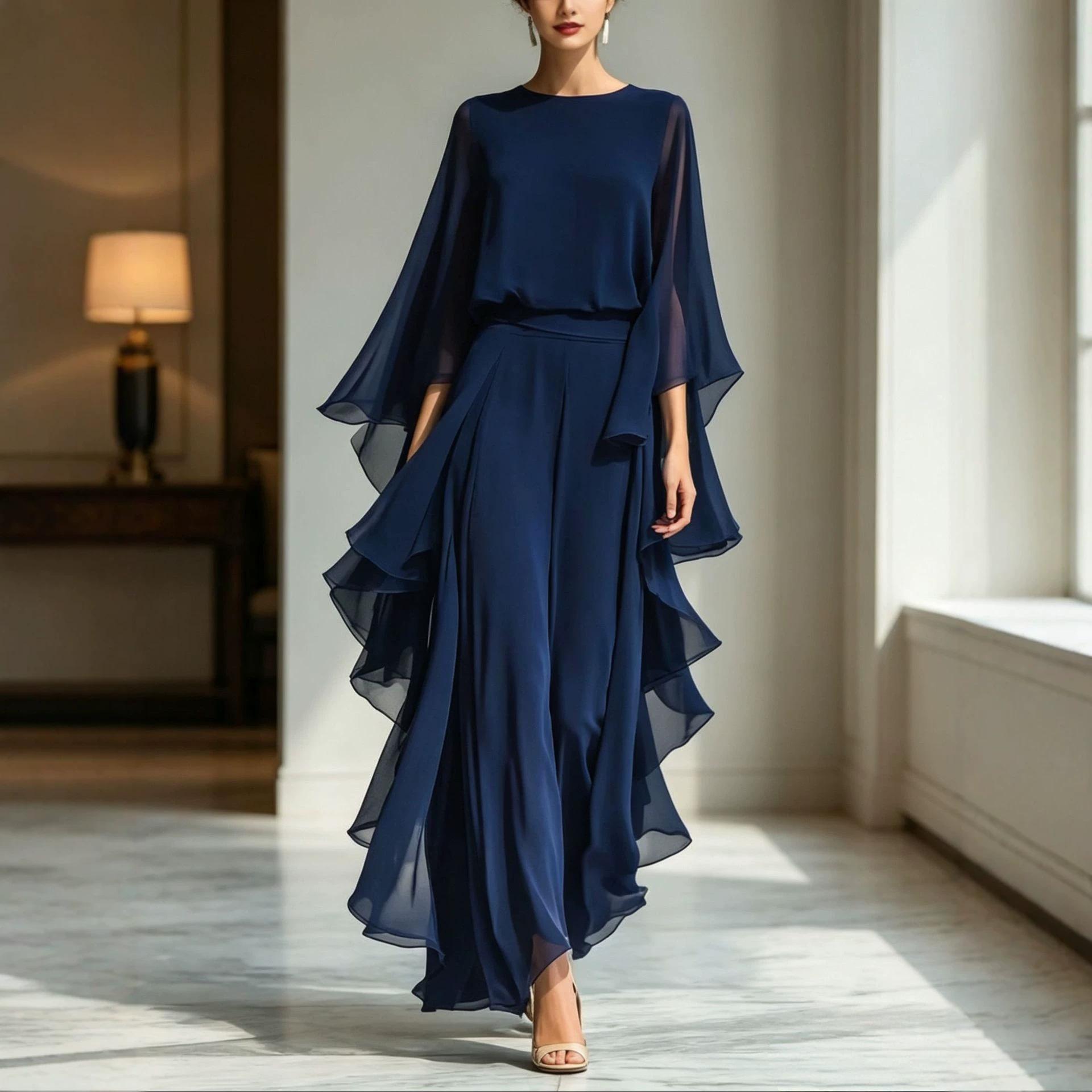 2026 European and American women s navy blue chiffon top, flared sleeve straight pants set with ruffle edge S