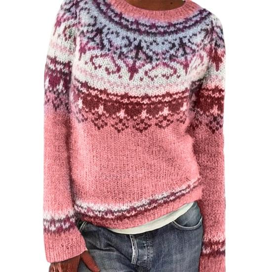 Women Sweater Round Neck Long Sleeve Patchwork Color Knitting Tops Loose Hem Printed Knitwear Winter Wear