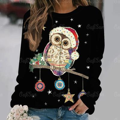 Autumn Fashion Long Sleeve T-Shirt Popular Women's Kawaii Owl Print Tees Aesthetics Round Neck Female Clothing Casual Street Top