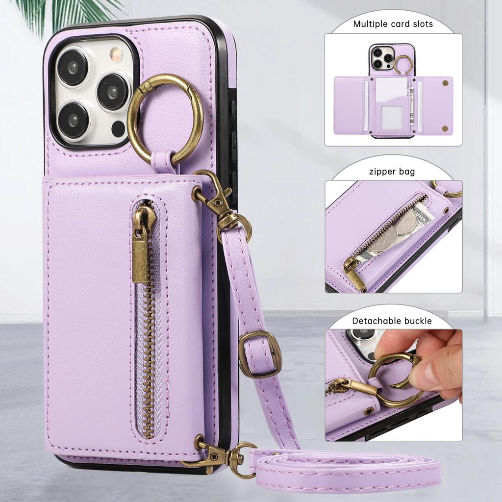 For iPhone 16 Pro Leather Back Cover Zipper Wallet Kickstand Phone Case with Shoulder Strap