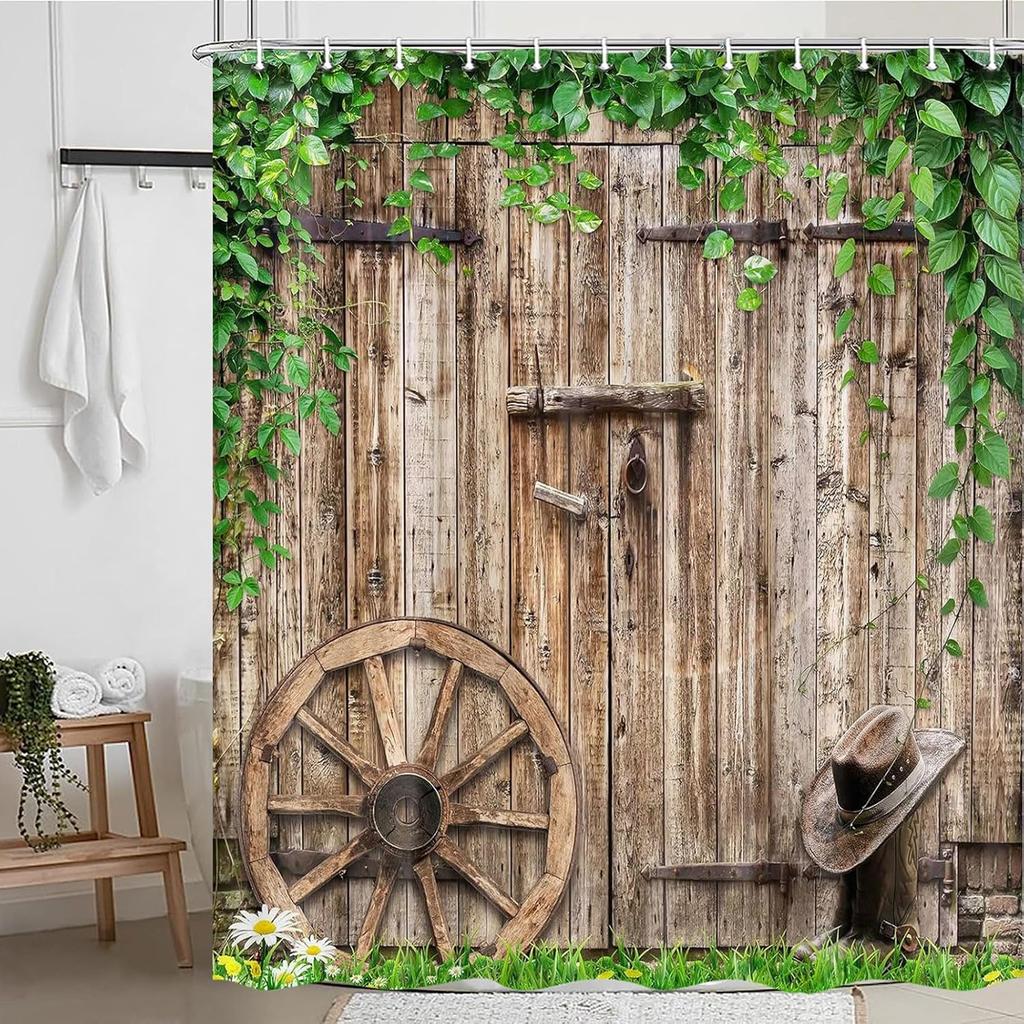 Rustic Farmhouse Country Barn Door Shower Curtain for Bathroom,Wood Board Plank Country Vintage Green Leaves Garage Cabin Decor