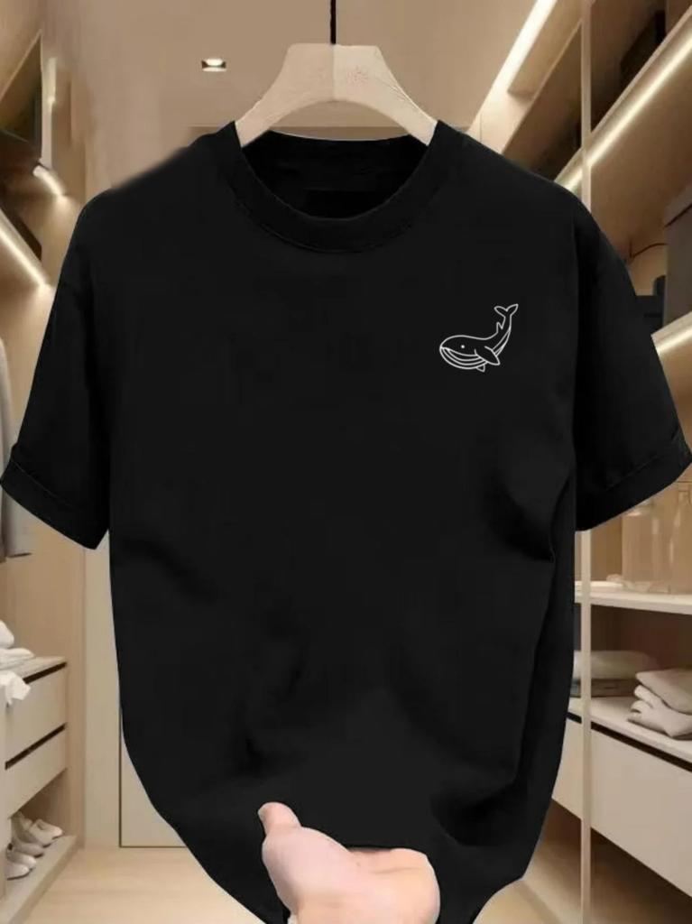 Asian Size Whale Pattern Printed Round Neck Short Sleeve T-shirt Men Women's Summer Fashionable
