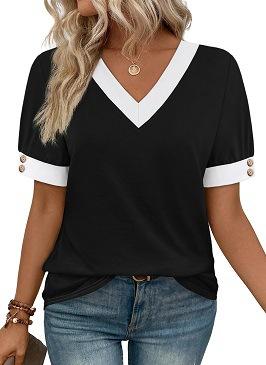Women's V Neck Color Block Short Sleeve T Shirt Button Decor Casual Summer Tee