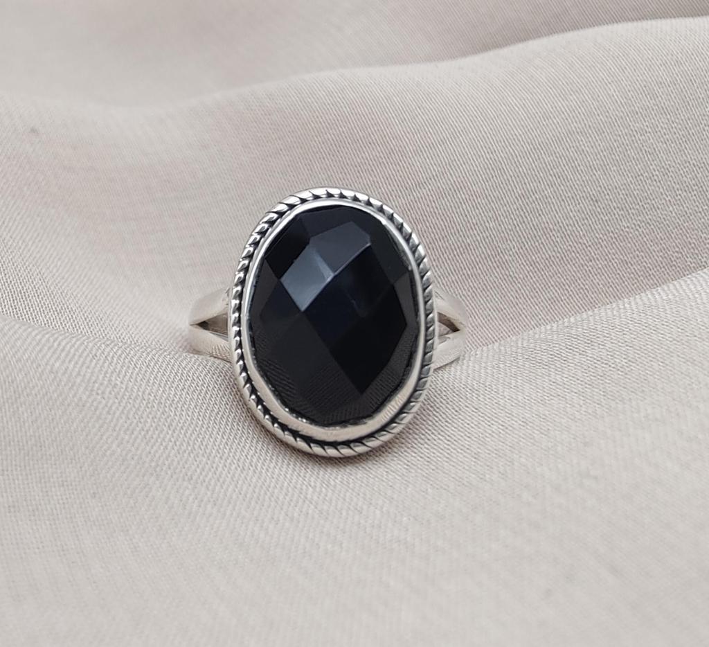 Black Onyx Ring: Faceted Oval Gemstone, 925 Sterling Silver, Boho Protection Jewelry