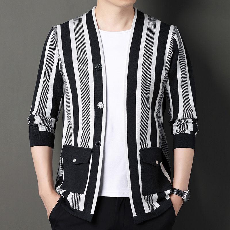 Neuer Herbst Winter Herren Strick V-Ausschnitt Cardigan Temperament Vielseitig Duftender Stil Modischer Koreanischer Kontrastpullover